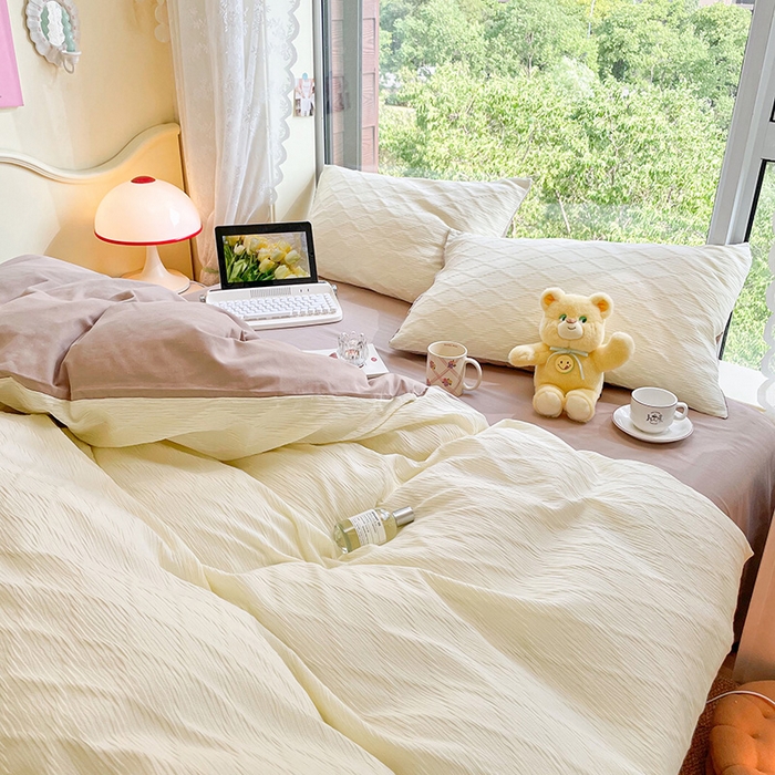 91家纺网 家纺一手货源 找家纺 琪格格纺织 2025新款纯棉华夫格极简宅寂风四件套 泡泡纱米白VS奶咖