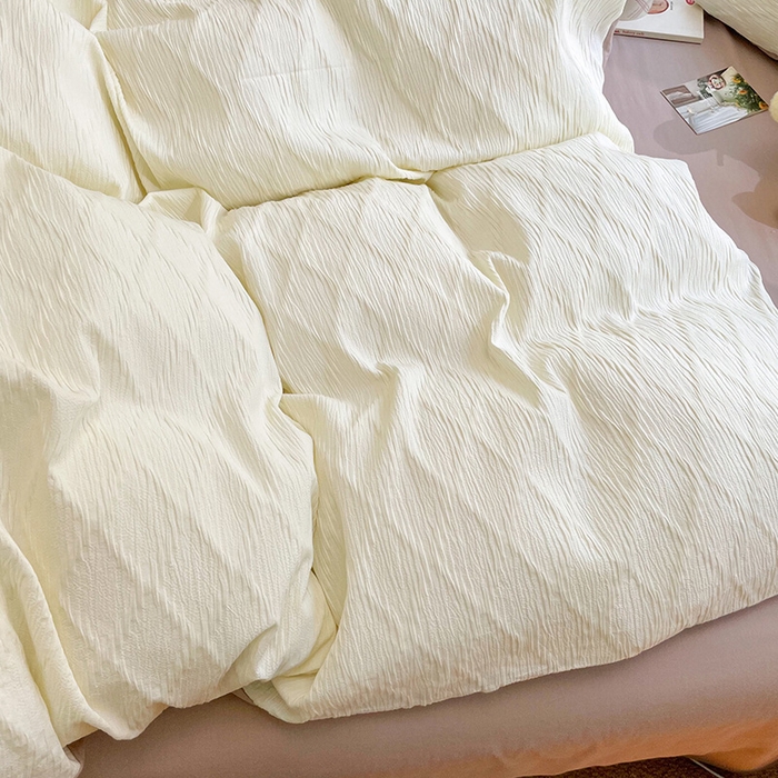 91家纺网 家纺一手货源 找家纺 琪格格纺织 2025新款纯棉华夫格极简宅寂风四件套 泡泡纱米白VS奶咖