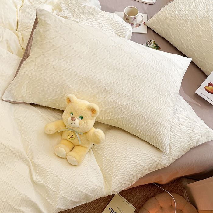 91家纺网 家纺一手货源 找家纺 琪格格纺织 2025新款纯棉华夫格极简宅寂风四件套 泡泡纱米白VS奶咖