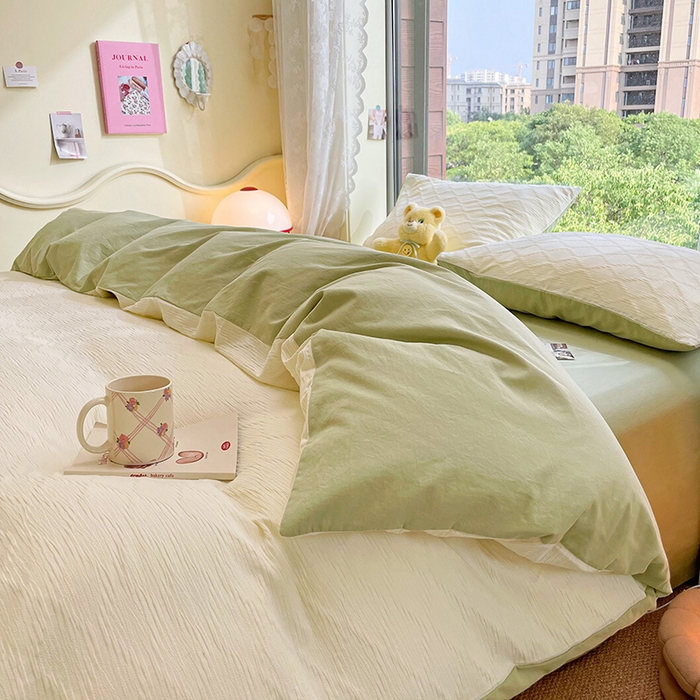 91家纺网 家纺一手货源 找家纺 琪格格纺织 2025新款纯棉华夫格极简宅寂风四件套 泡泡纱米白VS奶绿