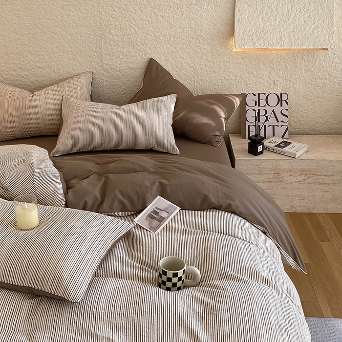 91家纺网 家纺一手货源 找家纺 琪格格纺织 2025新款纯棉华夫格极简宅寂风四件套 速写 提花棕条