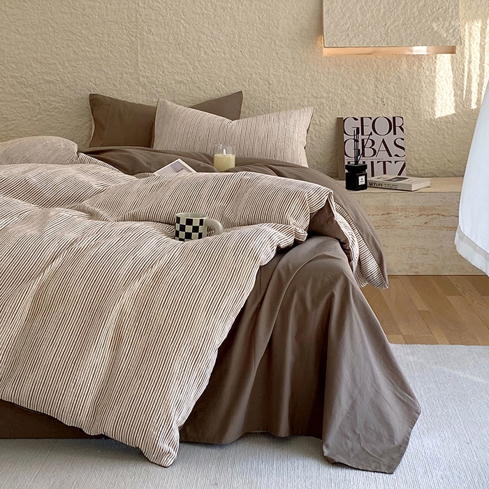 91家纺网 家纺一手货源 找家纺 琪格格纺织 2025新款纯棉华夫格极简宅寂风四件套 速写 提花棕条