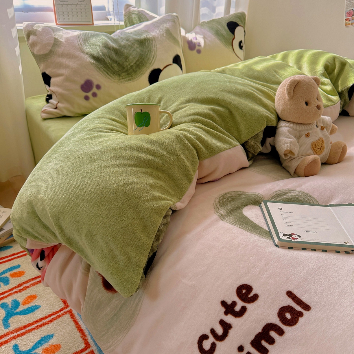 91家纺网 家纺一手货源 找家纺 小叮当家纺仓储工厂店 买家秀 爆款花型2025新款200克牛奶绒小清新卡通复古风四件套 洛可可