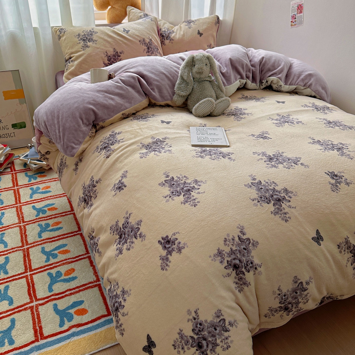 小叮当家纺仓储工厂店 买家秀 爆款花型2025新款200克牛奶绒小清新卡通复古风四件套 墨染