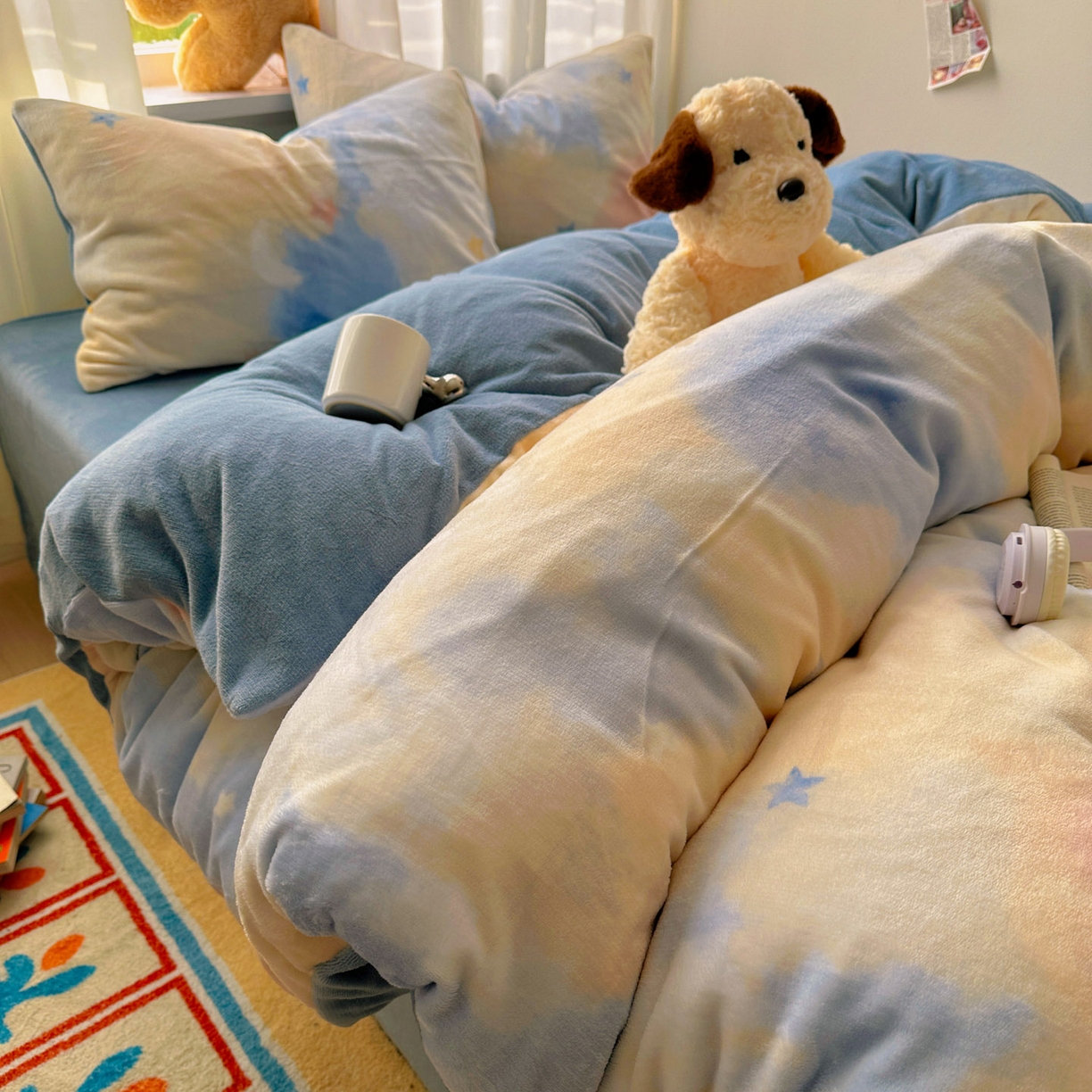 91家纺网 家纺一手货源 找家纺 小叮当家纺仓储工厂店 买家秀 爆款花型2025新款200克牛奶绒小清新卡通复古风四件套 南星