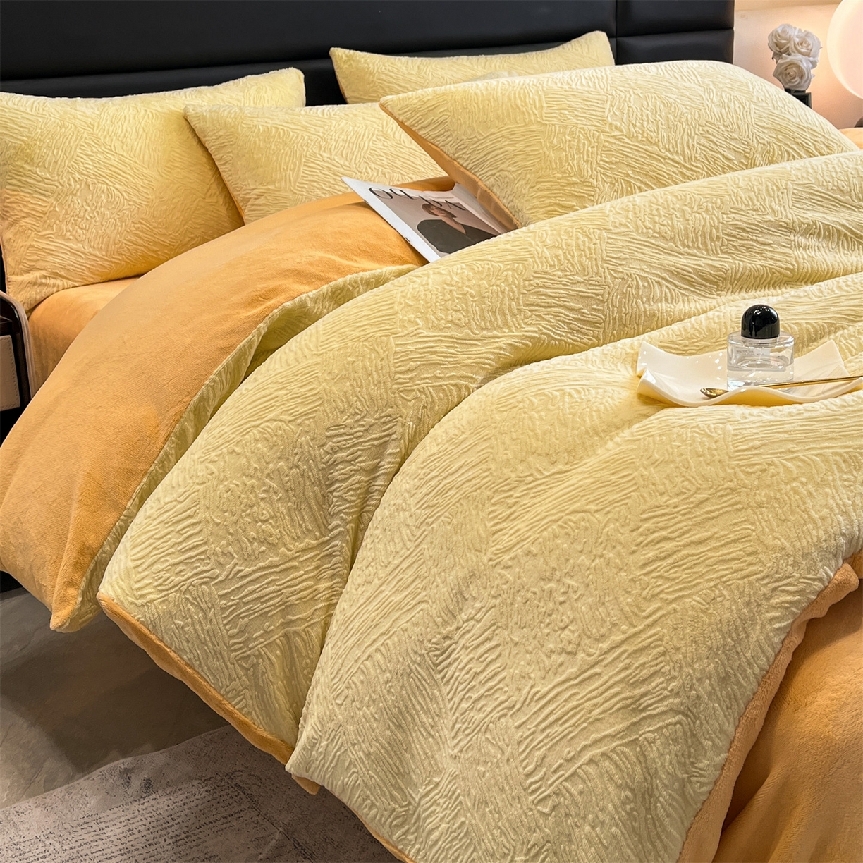 91家纺网 家纺一手货源 找家纺 星座家纺 2025新款牛奶绒雕花四件套 格调-黄