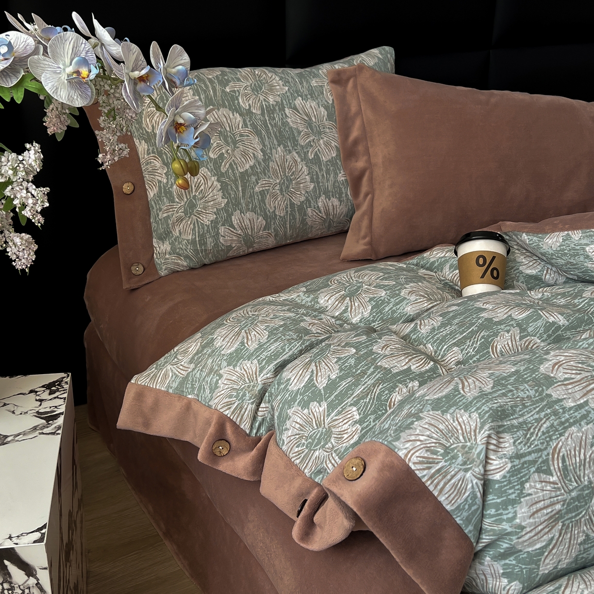 91家纺网 家纺一手货源 找家纺 吾秀家居 2025新款水洗原麻牛奶绒纽扣款四件套 绍华