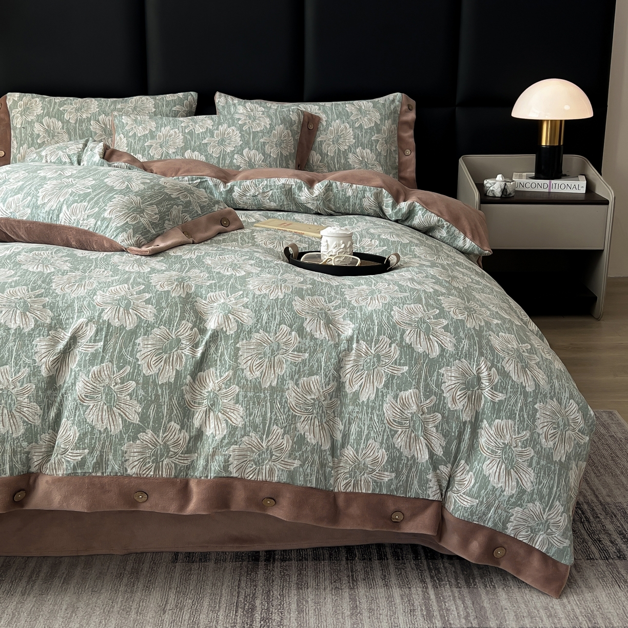 91家纺网 家纺一手货源 找家纺 吾秀家居 2025新款水洗原麻牛奶绒纽扣款四件套 绍华