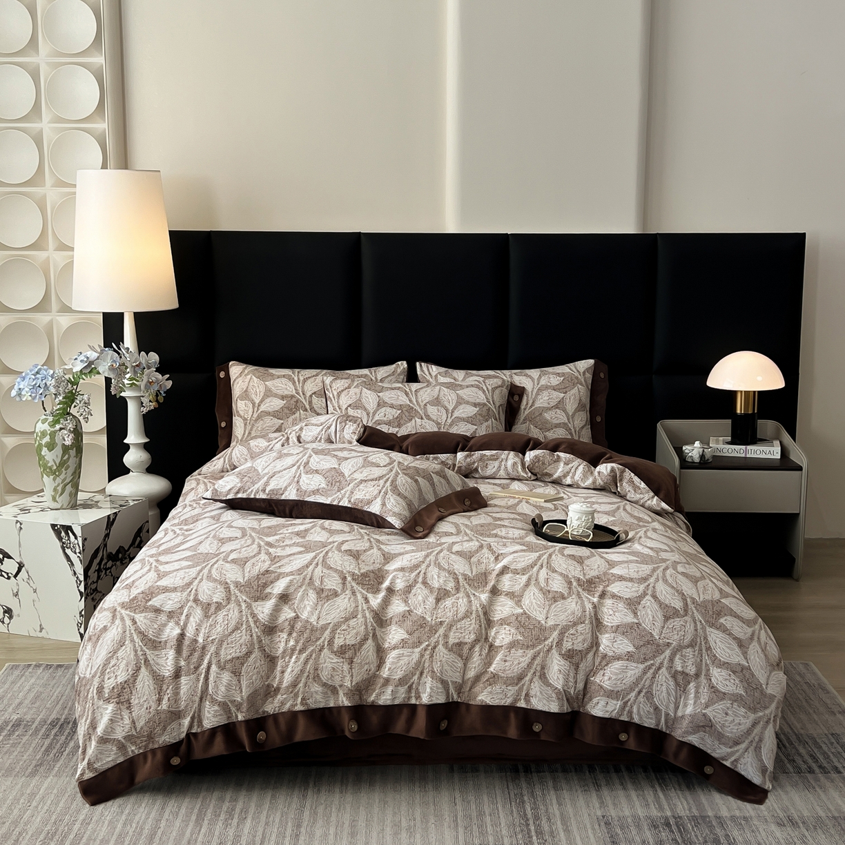 吾秀家居 2025新款水洗原麻牛奶绒纽扣款四件套 叶藤