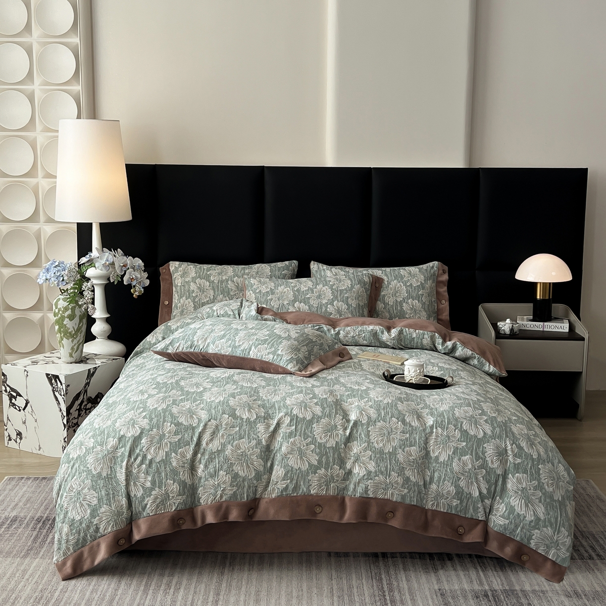 91家纺网 家纺一手货源 找家纺 吾秀家居 2025新款水洗原麻牛奶绒纽扣款四件套 绍华