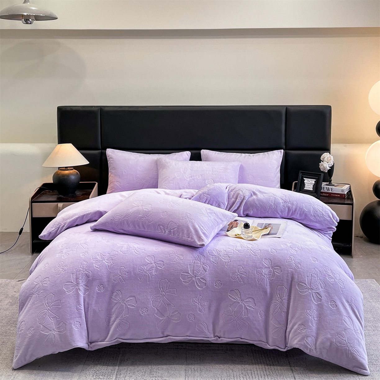 星座家纺 2025新款牛奶绒雕花四件套 蝴蝶结-紫