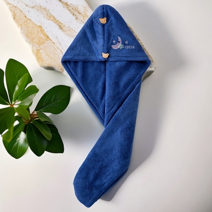 91家纺网 家纺一手货源 找家纺 彩虹毛巾 2025新款电商赠品珊瑚绒干发帽简约时尚刺绣浴帽直播福利包头巾 刺绣浴帽单层蓝色 25x65CM/只