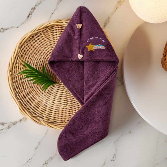 91家纺网 家纺一手货源 找家纺 彩虹毛巾 2025新款电商赠品珊瑚绒干发帽简约时尚刺绣浴帽直播福利包头巾 刺绣浴帽单层紫色 25x65CM/只