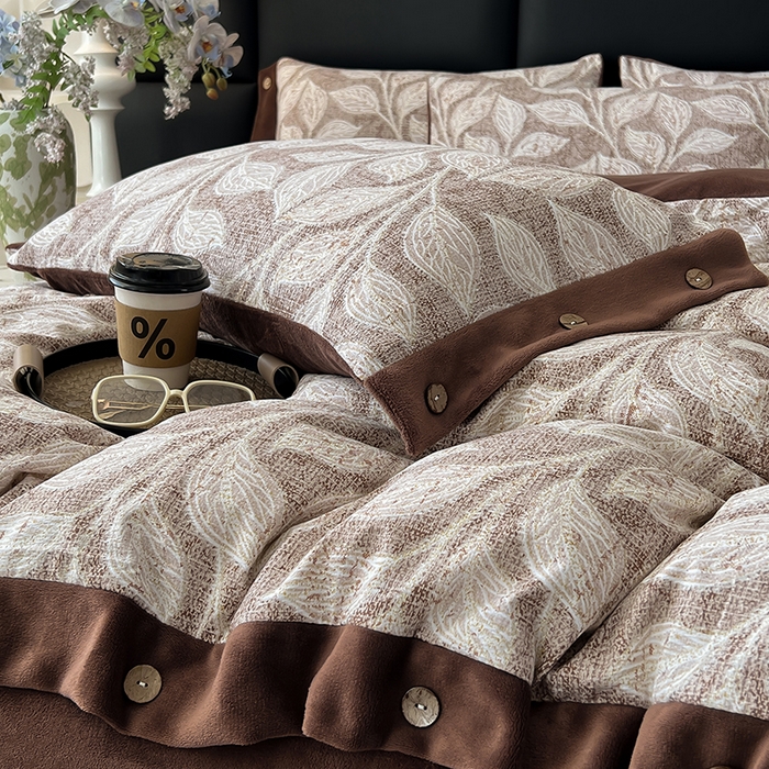 91家纺网 家纺一手货源 找家纺 绒城 2025新款水洗原麻拼牛奶绒四件套麻拼绒四件套纽扣四件套-原麻 原麻-叶藤