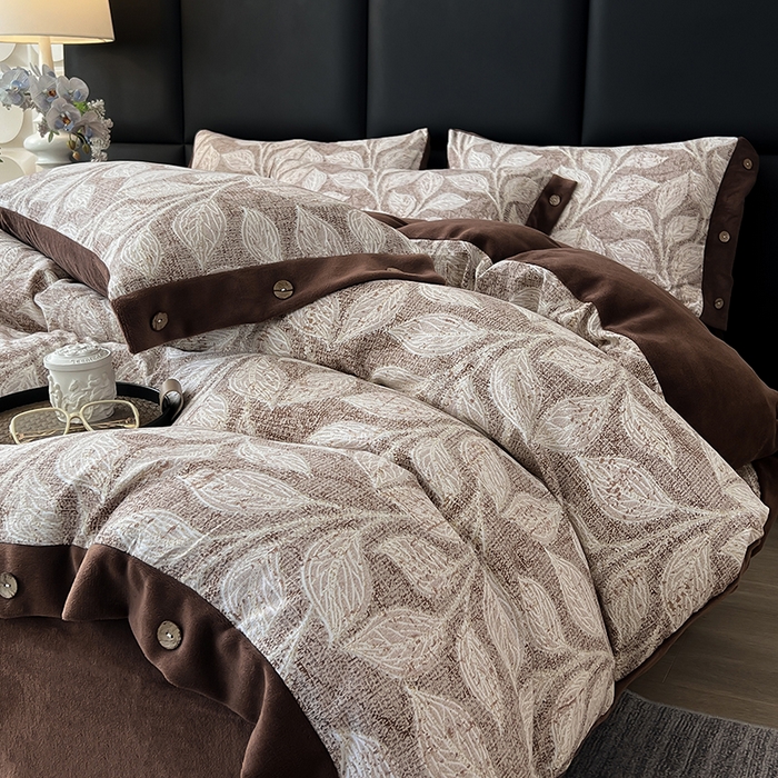 绒城 2025新款水洗原麻拼牛奶绒四件套麻拼绒四件套纽扣四件套-原麻 原麻-叶藤