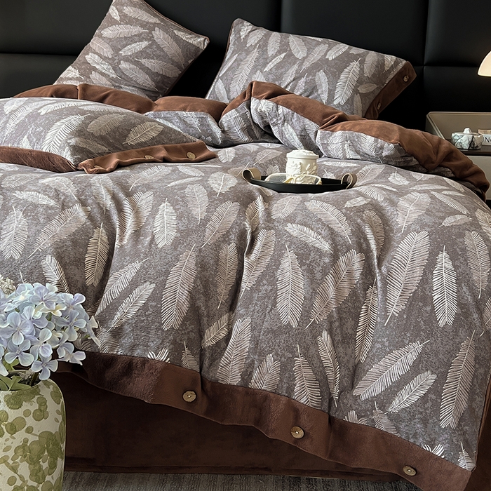 91家纺网 家纺一手货源 找家纺 绒城 2025新款水洗原麻拼牛奶绒四件套麻拼绒四件套纽扣四件套-原麻 原麻-羽叶