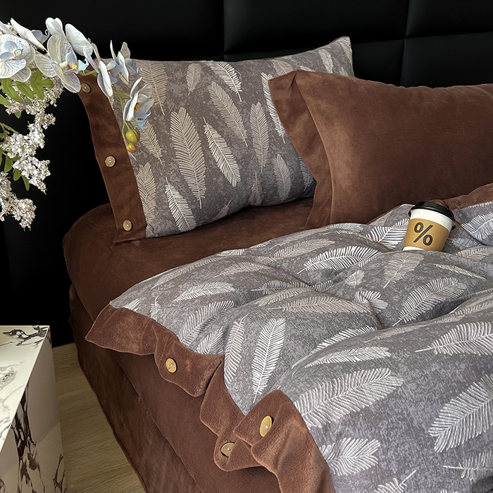 91家纺网 家纺一手货源 找家纺 绒城 2025新款水洗原麻拼牛奶绒四件套麻拼绒四件套纽扣四件套-原麻 原麻-羽叶