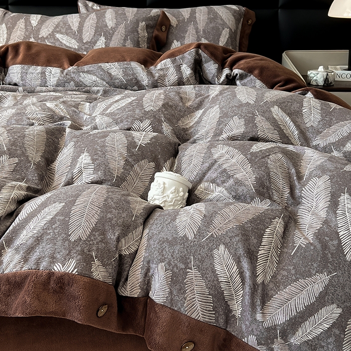 91家纺网 家纺一手货源 找家纺 绒城 2025新款水洗原麻拼牛奶绒四件套麻拼绒四件套纽扣四件套-原麻 原麻-羽叶