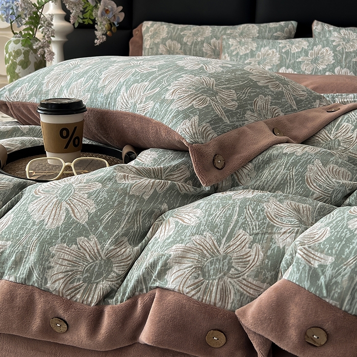 91家纺网 家纺一手货源 找家纺 （总）绒城 2025新款水洗原麻拼牛奶绒四件套麻拼绒四件套纽扣四件套-原麻