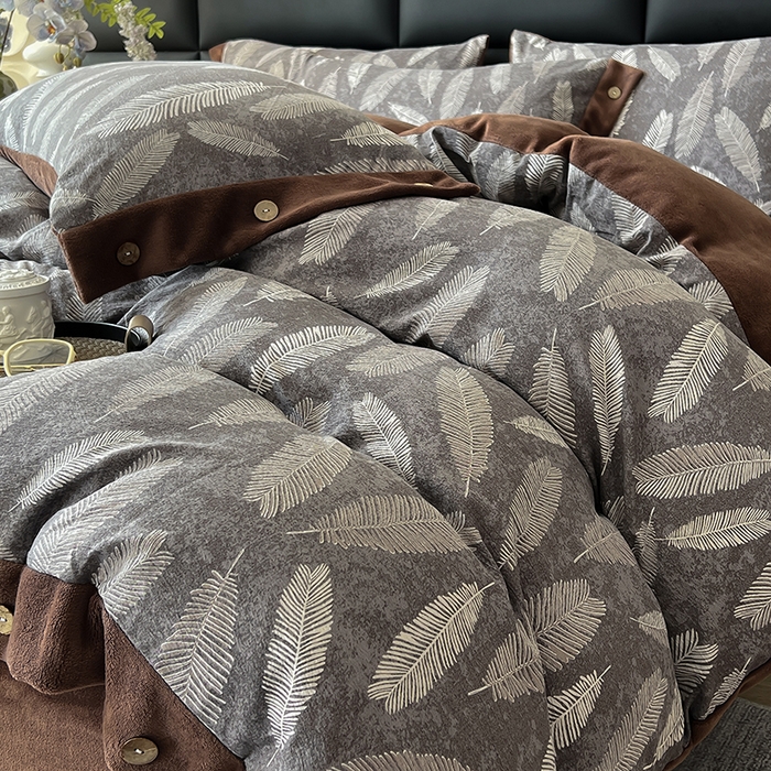 91家纺网 家纺一手货源 找家纺 绒城 2025新款水洗原麻拼牛奶绒四件套麻拼绒四件套纽扣四件套-原麻 原麻-羽叶