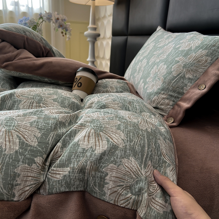 91家纺网 家纺一手货源 找家纺 （总）绒城 2025新款水洗原麻拼牛奶绒四件套麻拼绒四件套纽扣四件套-原麻