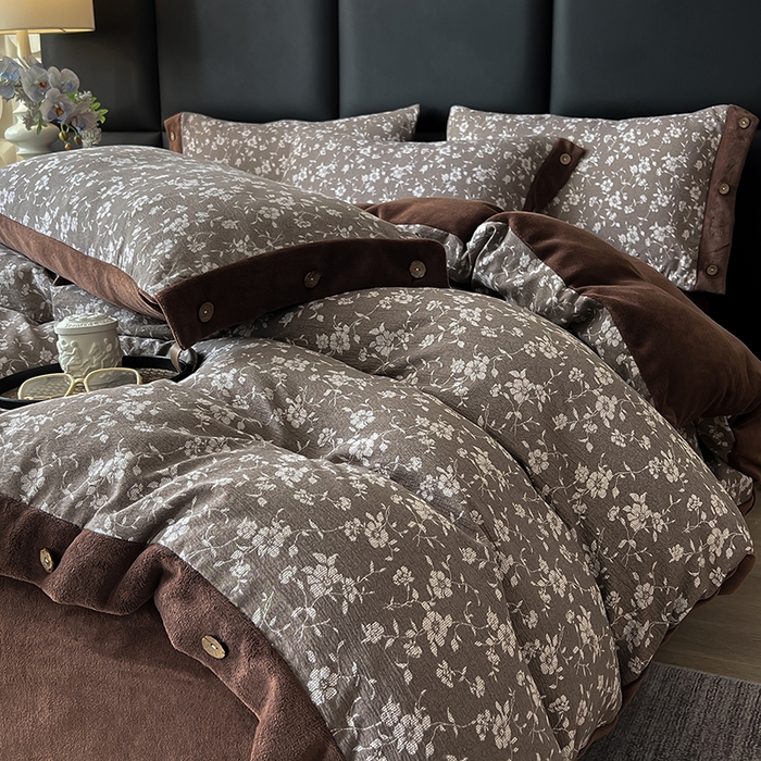 绒城 2025新款水洗原麻拼牛奶绒四件套麻拼绒四件套纽扣四件套-原麻 原麻-花梦