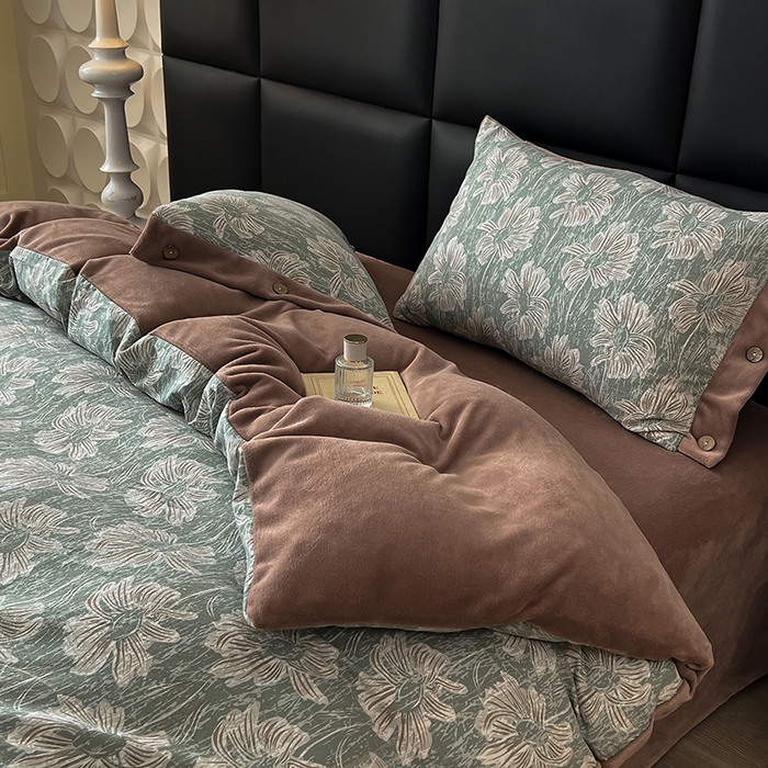 91家纺网 家纺一手货源 找家纺 （总）绒城 2025新款水洗原麻拼牛奶绒四件套麻拼绒四件套纽扣四件套-原麻