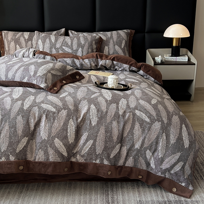 91家纺网 家纺一手货源 找家纺 绒城 2025新款水洗原麻拼牛奶绒四件套麻拼绒四件套纽扣四件套-原麻 原麻-羽叶