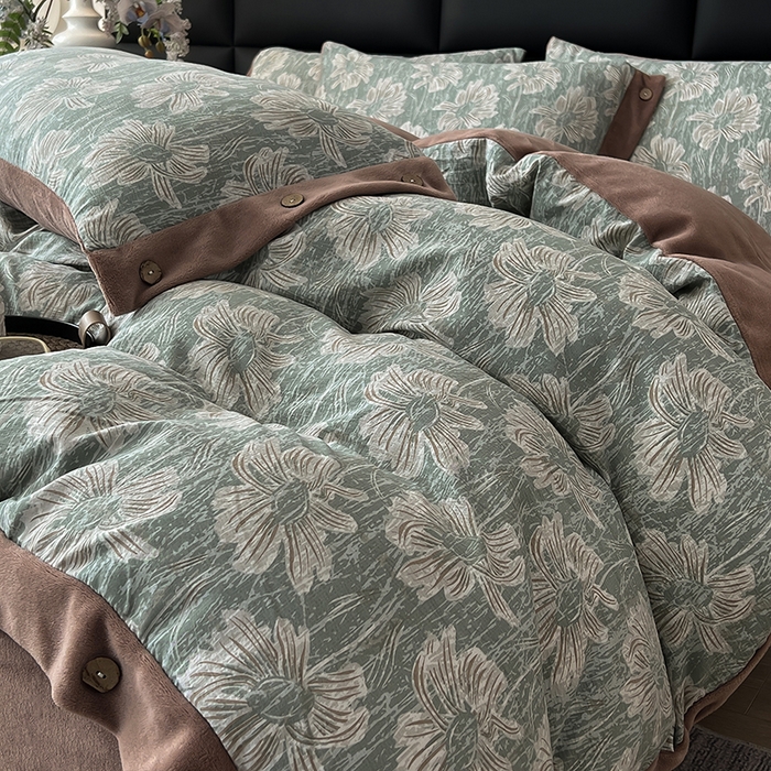 91家纺网 家纺一手货源 找家纺 （总）绒城 2025新款水洗原麻拼牛奶绒四件套麻拼绒四件套纽扣四件套-原麻