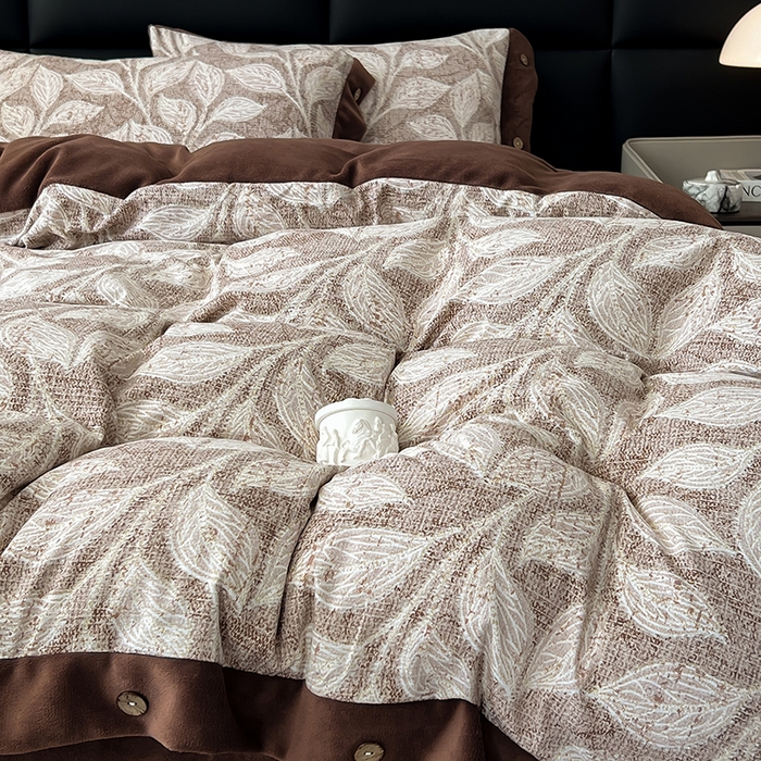 91家纺网 家纺一手货源 找家纺 绒城 2025新款水洗原麻拼牛奶绒四件套麻拼绒四件套纽扣四件套-原麻 原麻-叶藤