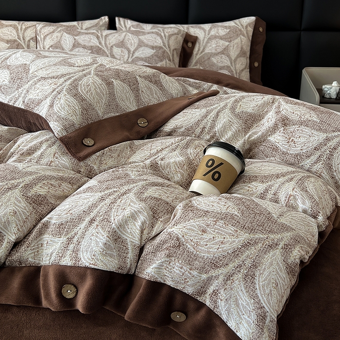 91家纺网 家纺一手货源 找家纺 绒城 2025新款水洗原麻拼牛奶绒四件套麻拼绒四件套纽扣四件套-原麻 原麻-叶藤