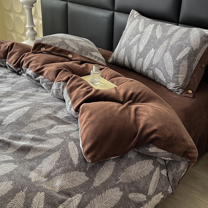 91家纺网 家纺一手货源 找家纺 绒城 2025新款水洗原麻拼牛奶绒四件套麻拼绒四件套纽扣四件套-原麻 原麻-羽叶