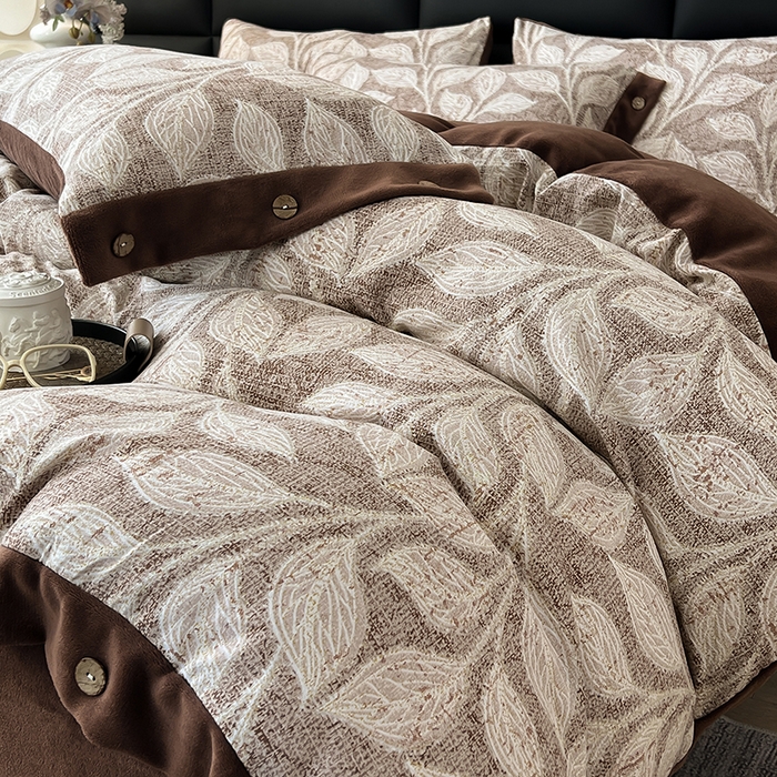 91家纺网 家纺一手货源 找家纺 绒城 2025新款水洗原麻拼牛奶绒四件套麻拼绒四件套纽扣四件套-原麻 原麻-叶藤