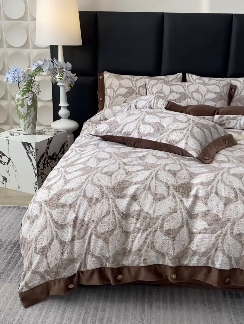 91家纺网 家纺一手货源 找家纺 绒城 2025新款水洗原麻拼牛奶绒四件套麻拼绒四件套纽扣四件套-原麻 原麻-羽叶