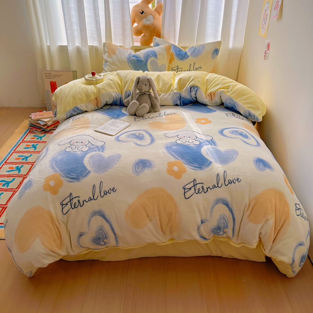 91家纺网 家纺一手货源 找家纺 小叮当家纺仓储工厂店 买家秀 爆款花型2025新款200克牛奶绒小清新卡通复古风四件套 长耳朵狗