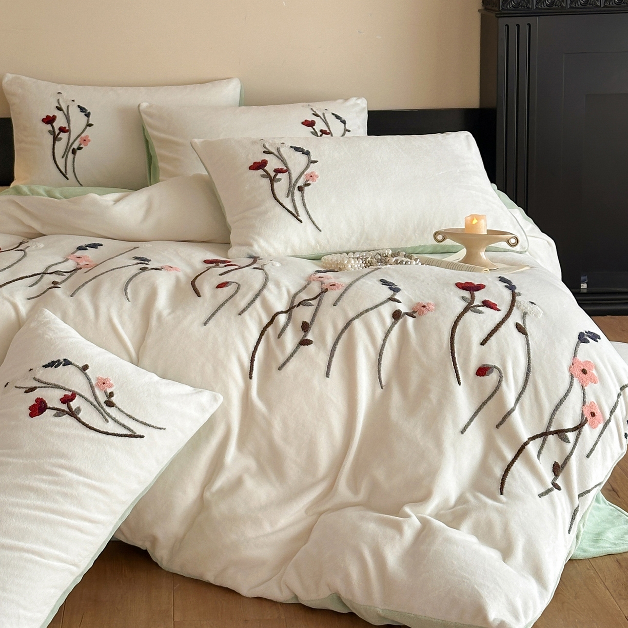 91家纺网 家纺一手货源 找家纺 如一 2025新款田园风毛巾绣牛奶绒四件套 幽兰-白绿