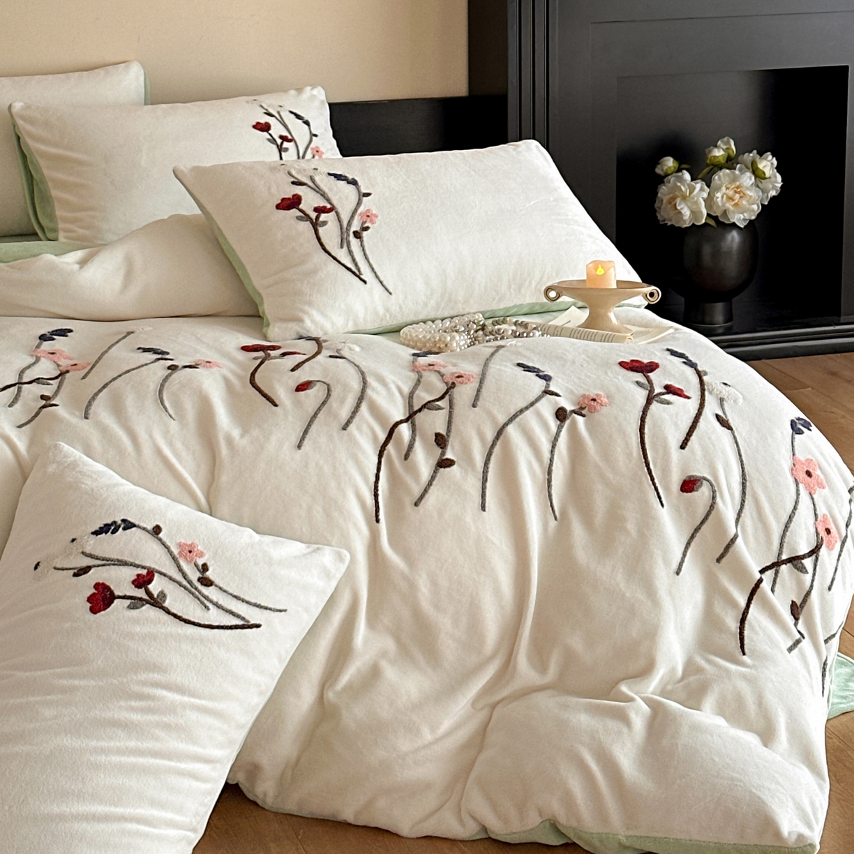 91家纺网 家纺一手货源 找家纺 如一 2025新款田园风毛巾绣牛奶绒四件套 幽兰-白绿