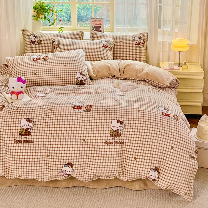 斯卡诺家纺 2025新款热卖小清新牛奶绒四件套双面绒被套小红书同款 kt猫咖