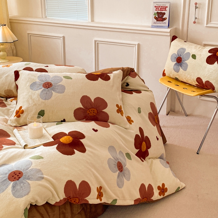 91家纺网 家纺一手货源 找家纺 斯卡诺家纺 2025新款热卖小清新牛奶绒四件套双面绒被套小红书同款 繁华咖