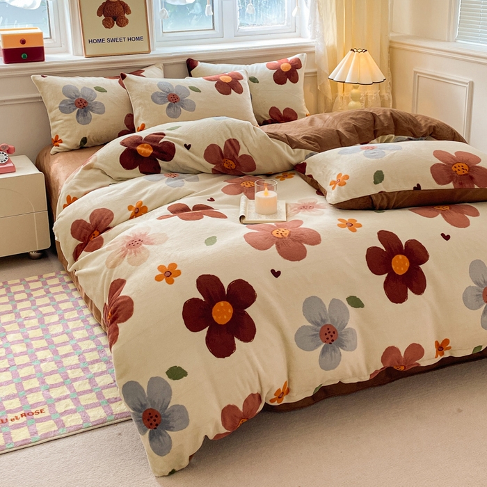 91家纺网 家纺一手货源 找家纺 斯卡诺家纺 2025新款热卖小清新牛奶绒四件套双面绒被套小红书同款 繁华咖