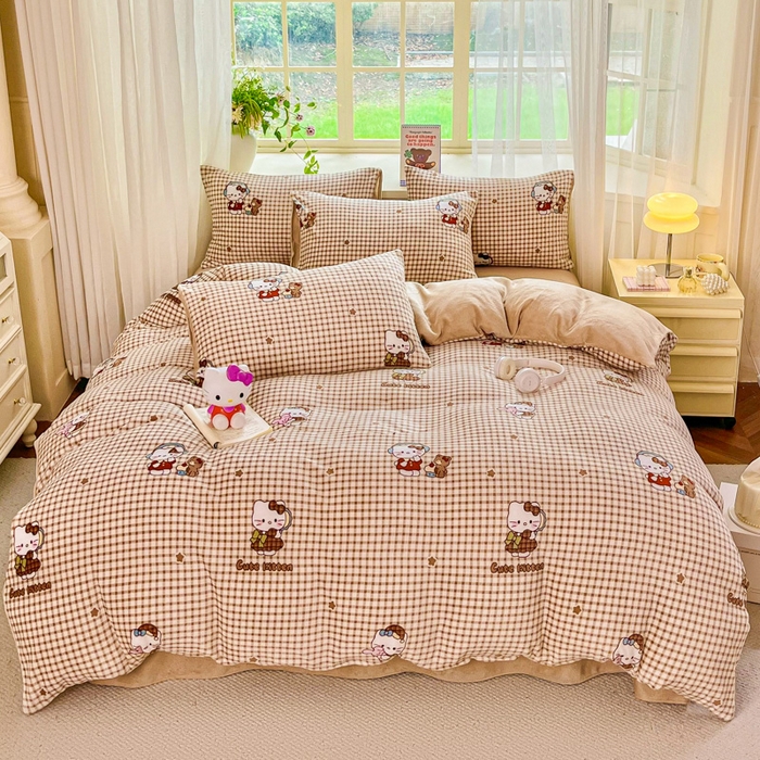 91家纺网 家纺一手货源 找家纺 斯卡诺家纺 2025新款热卖小清新牛奶绒四件套双面绒被套小红书同款 kt猫咖