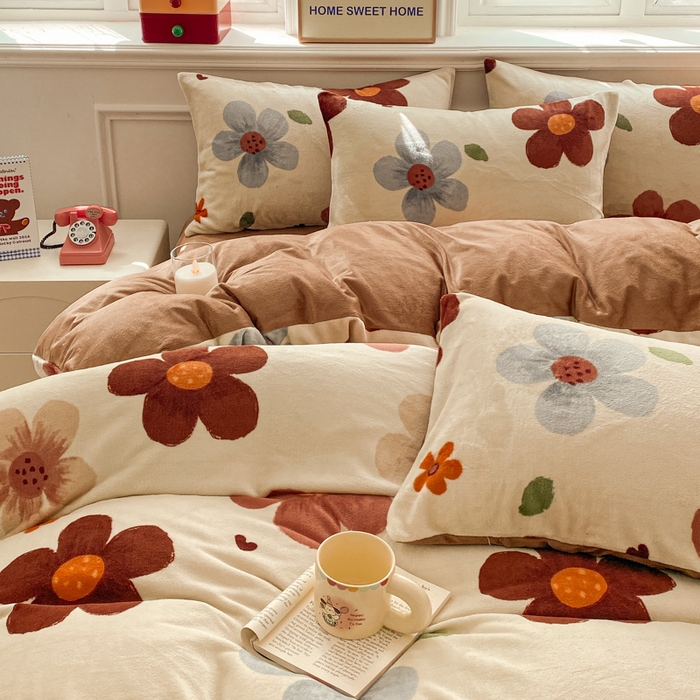 91家纺网 家纺一手货源 找家纺 斯卡诺家纺 2025新款热卖小清新牛奶绒四件套双面绒被套小红书同款 繁华咖