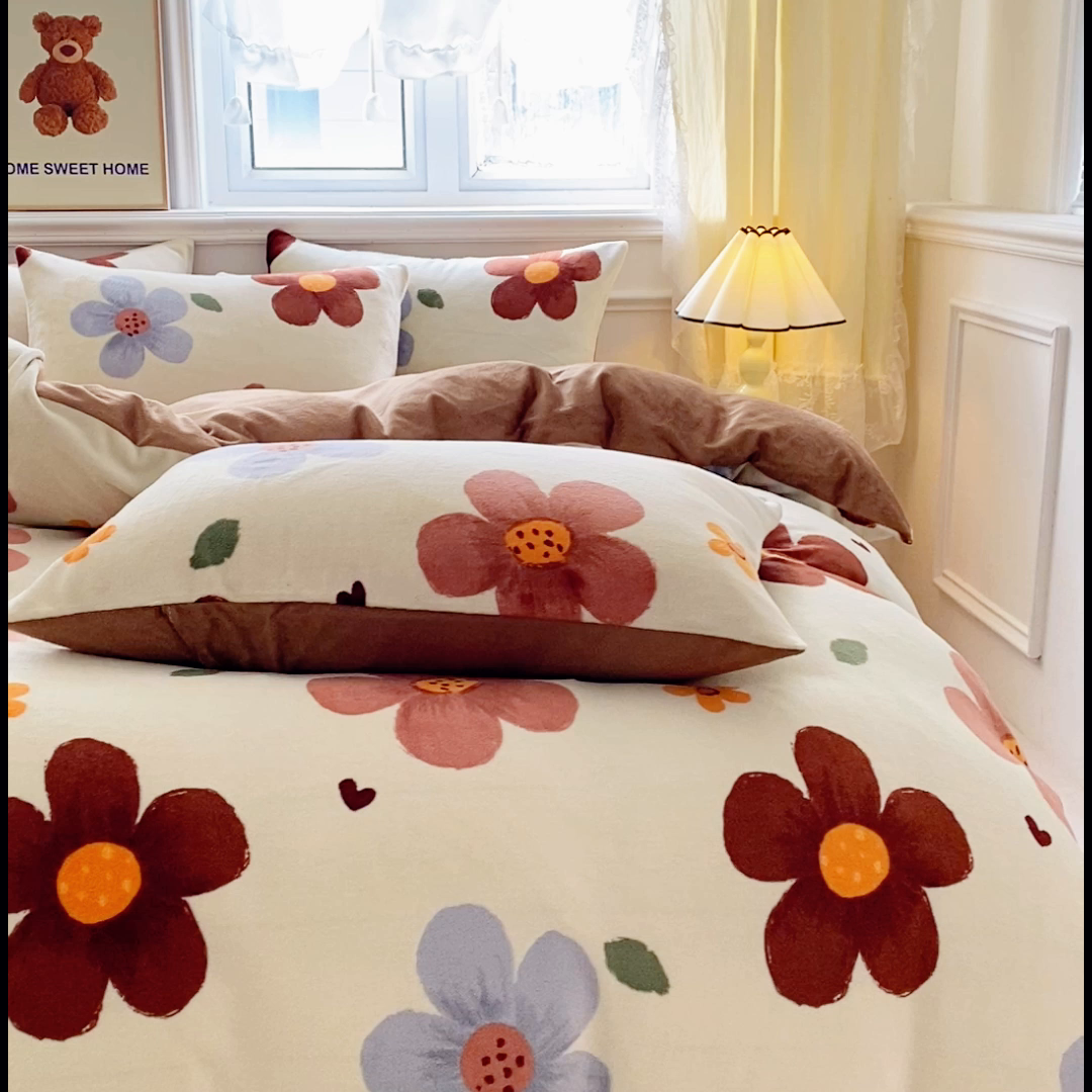 91家纺网 家纺一手货源 找家纺 斯卡诺家纺 2025新款热卖小清新牛奶绒四件套双面绒被套小红书同款 繁华咖