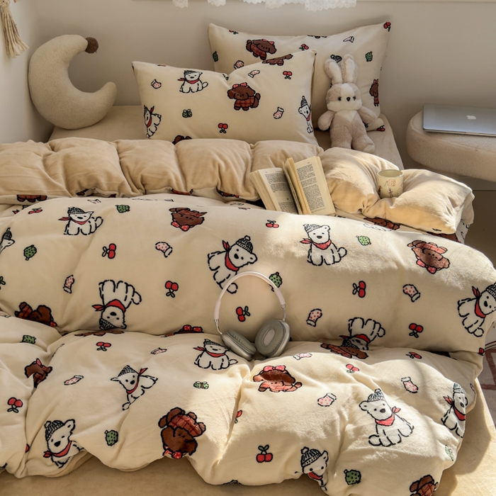 91家纺网 家纺一手货源 找家纺 小叮当家纺仓储工厂店 买家秀 爆款花型2025新款秋冬保暖高克重牛奶绒小清新印花四件套系列-风格一 圣诞装扮