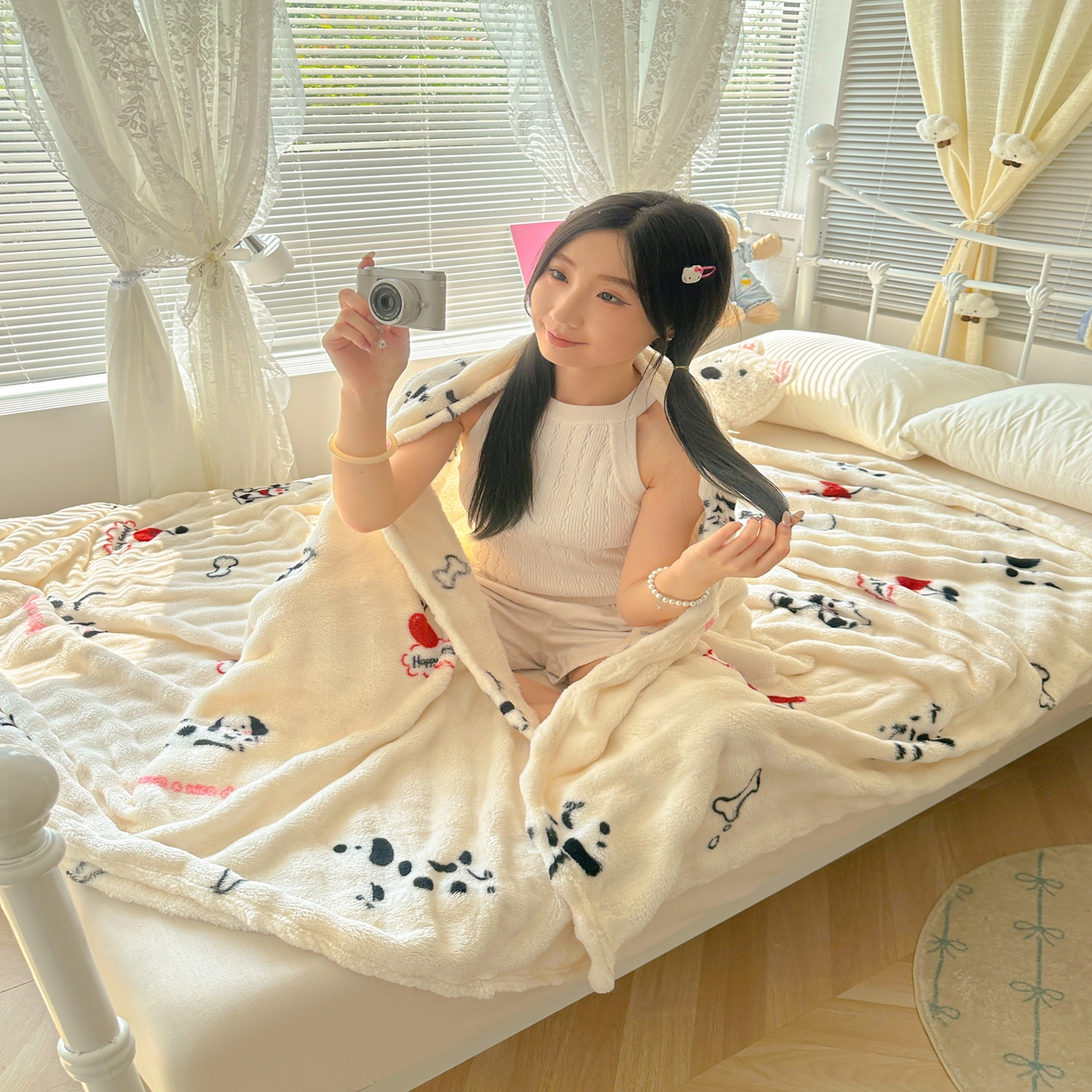 91家纺网 家纺一手货源 找家纺 韩巢家纺 2025新款高克重泡泡绒毛毯多功能牛奶绒毯子支持跨境电商 波点萌狗