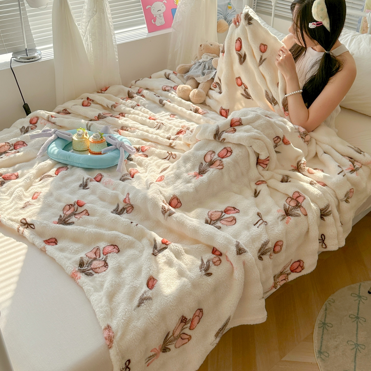 91家纺网 家纺一手货源 找家纺 韩巢家纺 2025新款高克重泡泡绒毛毯多功能牛奶绒毯子支持跨境电商 粉色郁金香