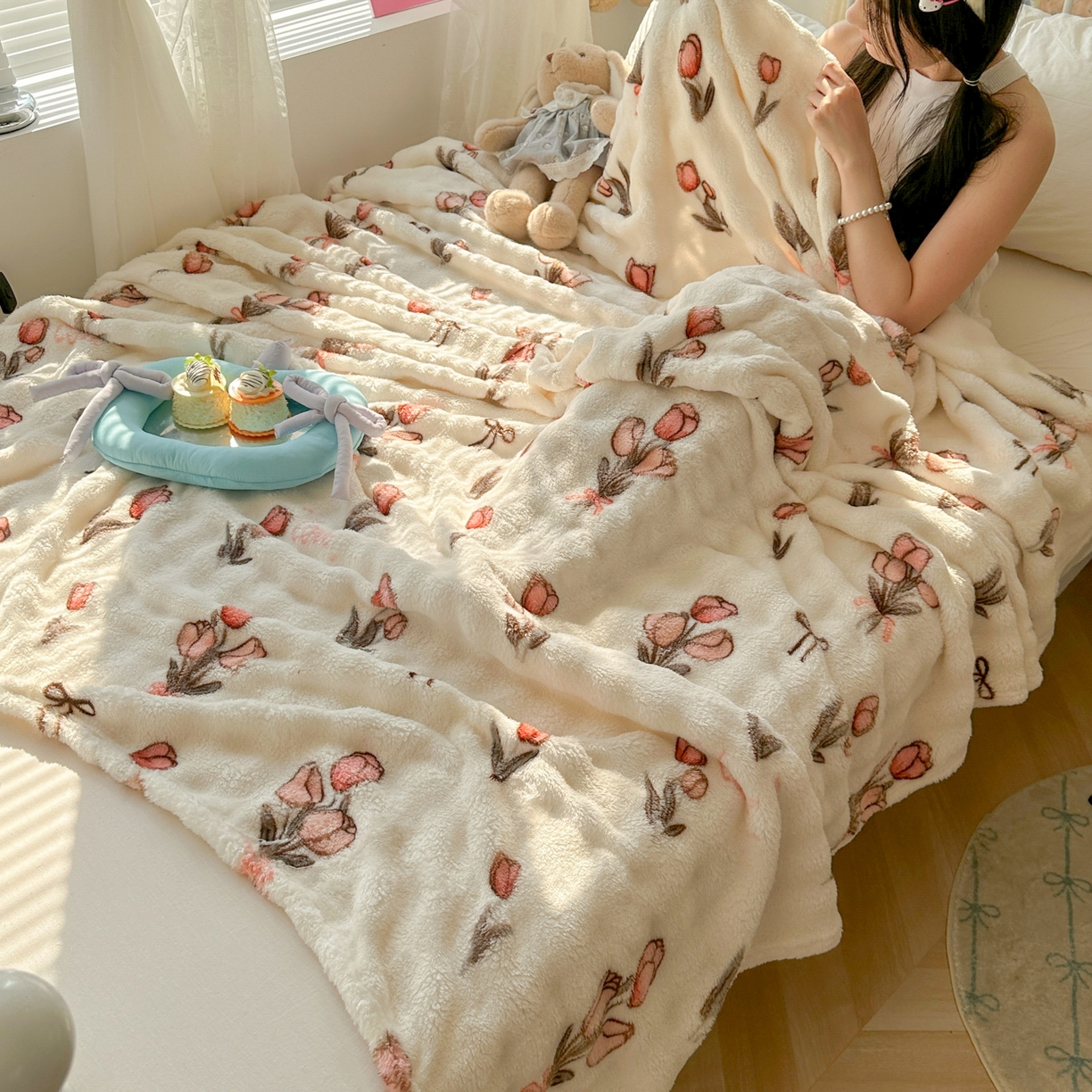 91家纺网 家纺一手货源 找家纺 韩巢家纺 2025新款高克重泡泡绒毛毯多功能牛奶绒毯子支持跨境电商 粉色郁金香