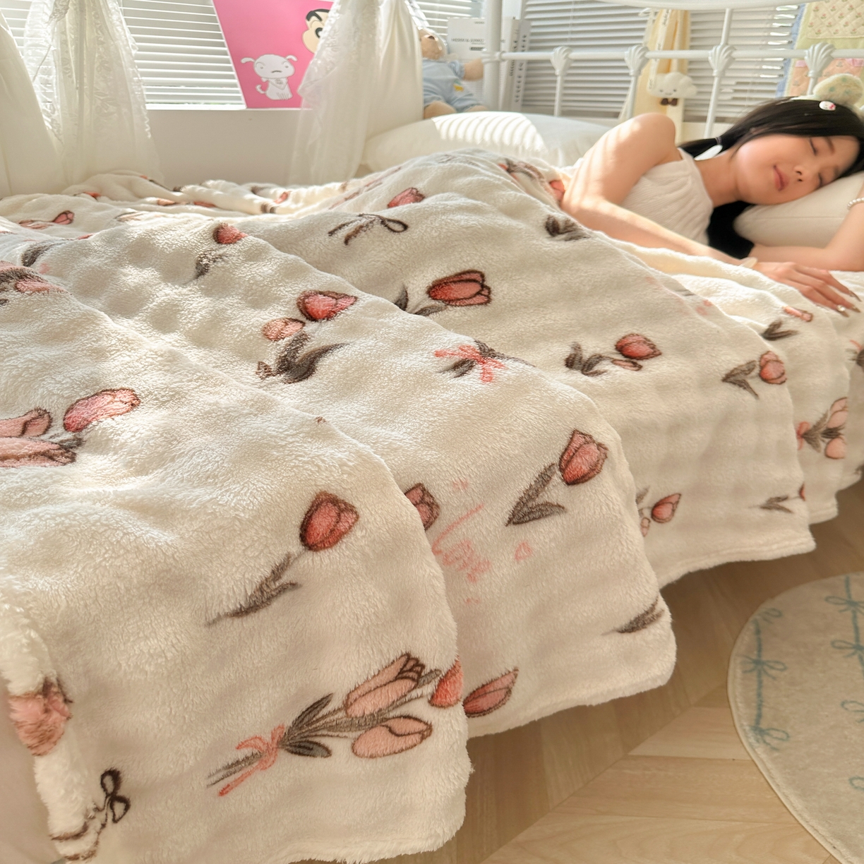 91家纺网 家纺一手货源 找家纺 韩巢家纺 2025新款高克重泡泡绒毛毯多功能牛奶绒毯子支持跨境电商 粉色郁金香