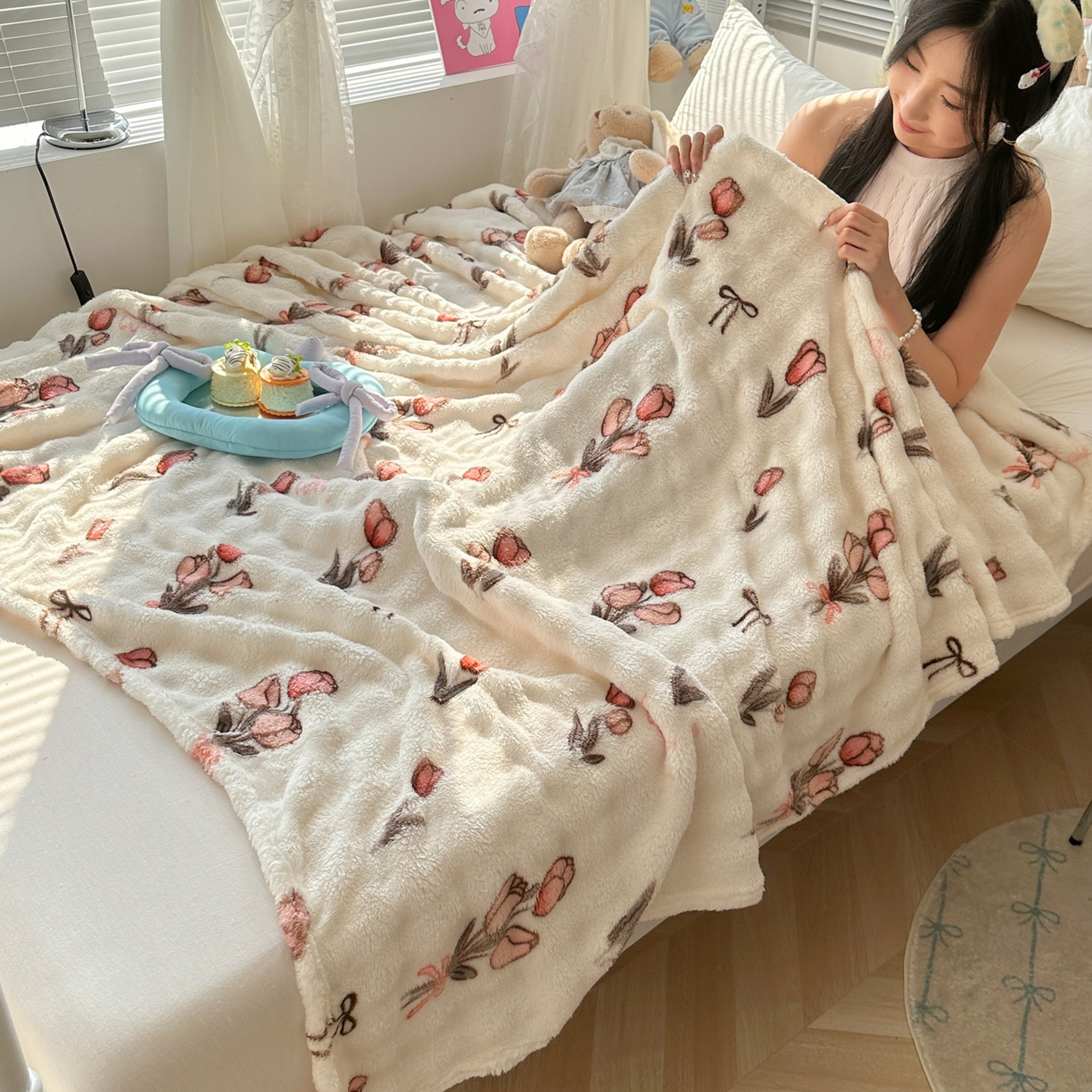 91家纺网 家纺一手货源 找家纺 韩巢家纺 2025新款高克重泡泡绒毛毯多功能牛奶绒毯子支持跨境电商 粉色郁金香