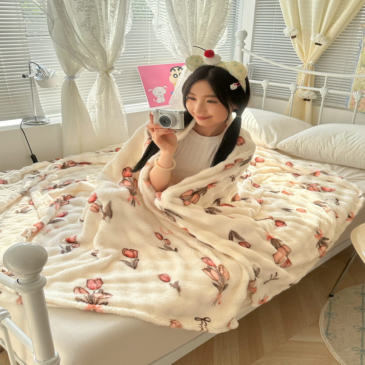 91家纺网 家纺一手货源 找家纺 韩巢家纺 2025新款高克重泡泡绒毛毯多功能牛奶绒毯子支持跨境电商 粉色郁金香